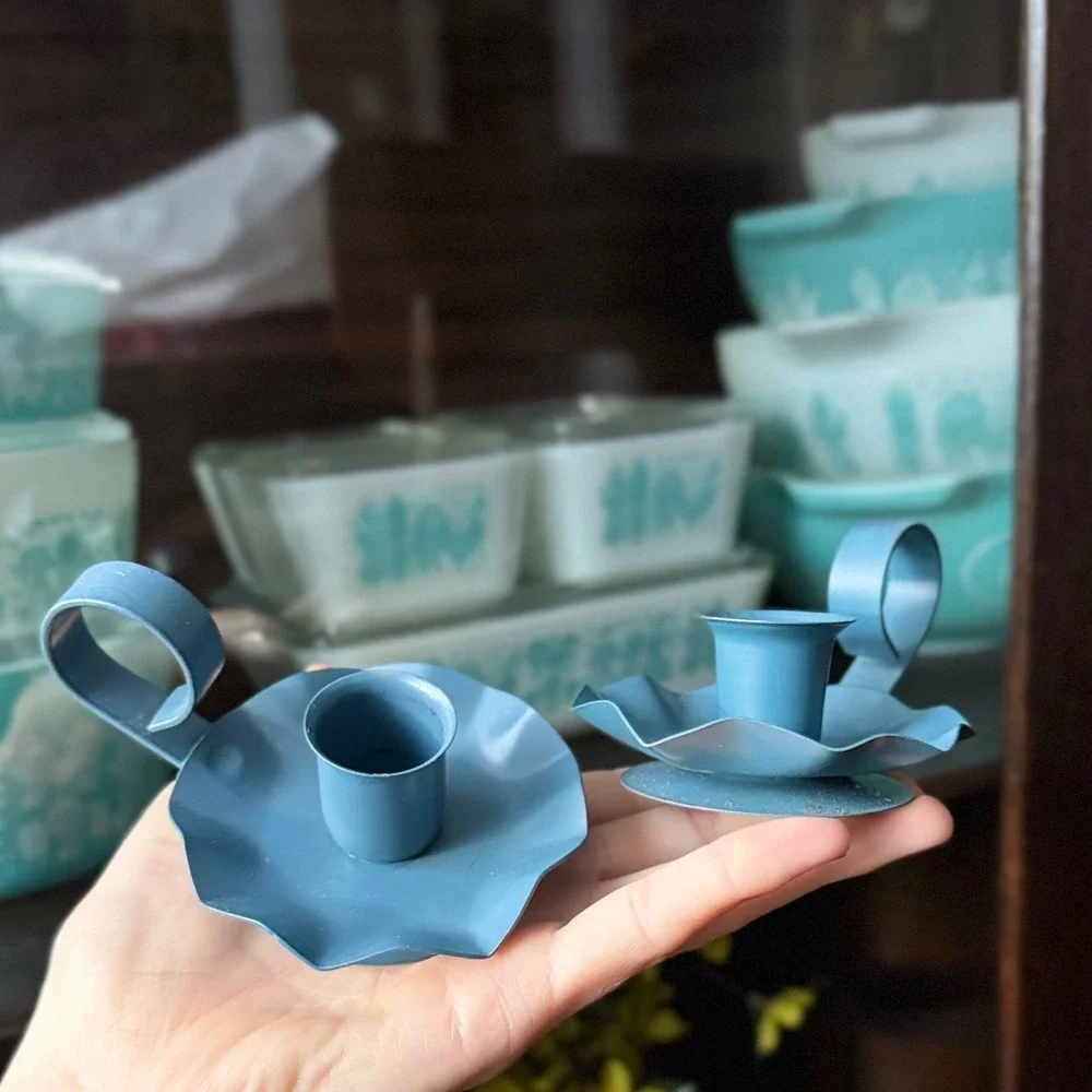Vintage Cottagecore Farmhouse Country Blue Metal Candle Holder Set Small Taper